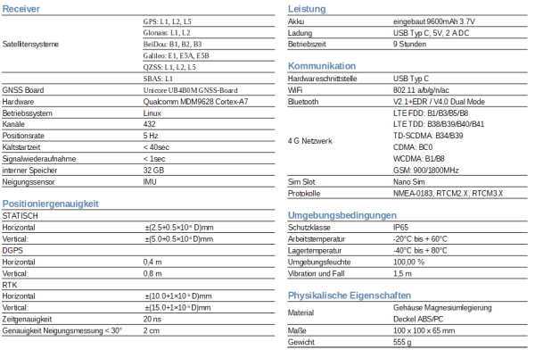 Dati tecnici del ricevitore GNSS LD2 easy
